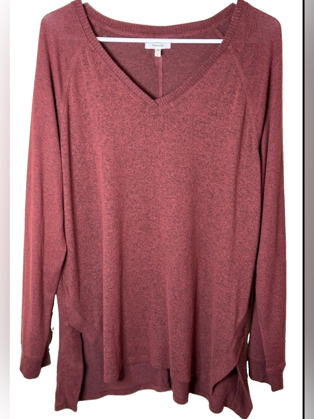 Maurices Women’s Large Rust Red V Neck Tunic Sweater Lightweight Knit Curved Hem